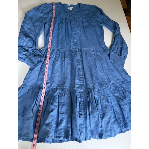 Sundance Elderflower Linen Blend Tiered Dress Size M Blue Long Sleeve Tie Belt - Picture 12 of 16